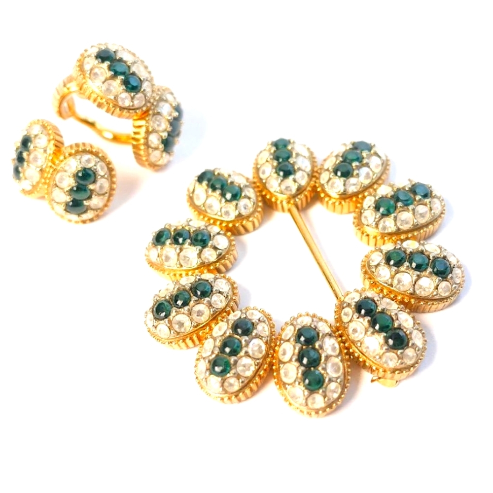 Vintage Ciner Brooch & Earrings Set Gold Tone with Green & Clear Rhinestones